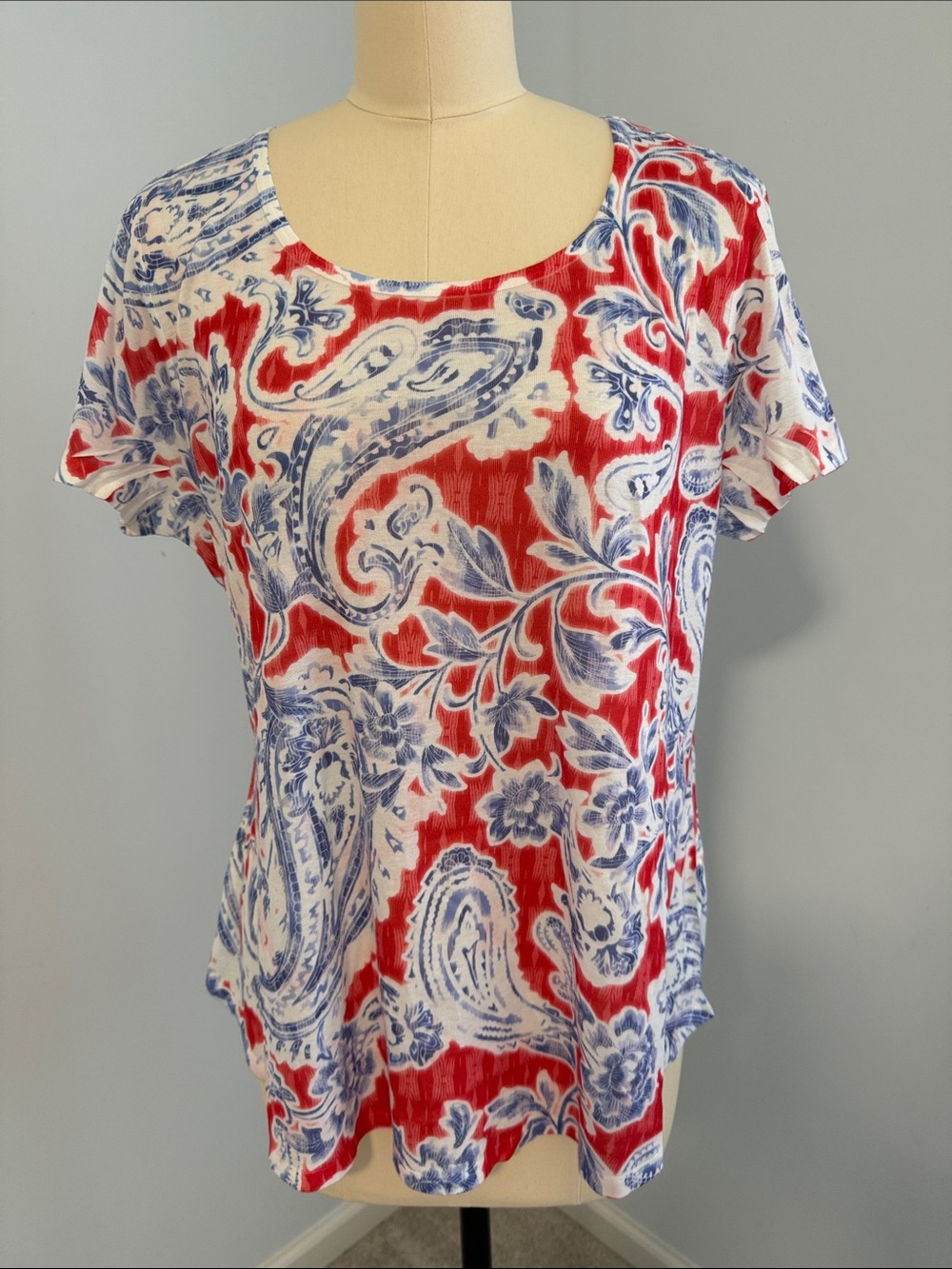 Style & Co.  Floral Paisley Short Sleeve Top - Coral, Blue & White SZL